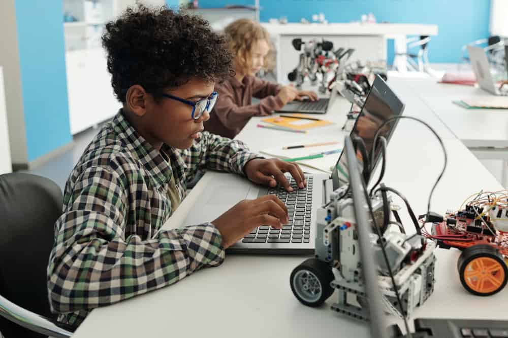 Side View Of Clever African American Schoolboy Sitting In Front Of Laptop